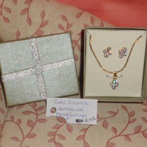 NEW FABULOUS SPARKLING CUBIC ZIRCONIA ON GOLD NECKLACE AND EARRINGS SET-